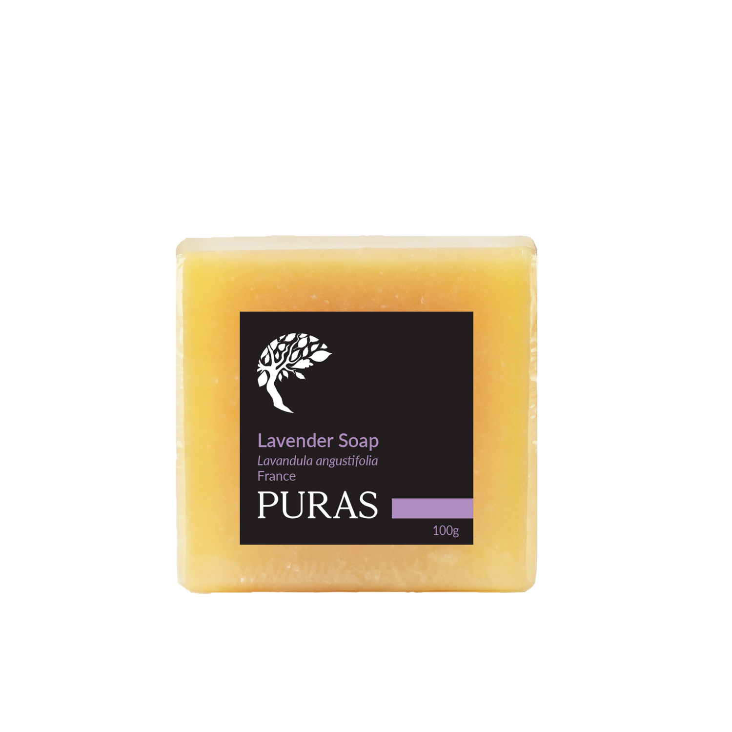 A rectangular bar of PURAS Lavender Soap in a pale yellowish-orange color, featuring a black label with white text and a small purple accent stripe, set against a plain white background.