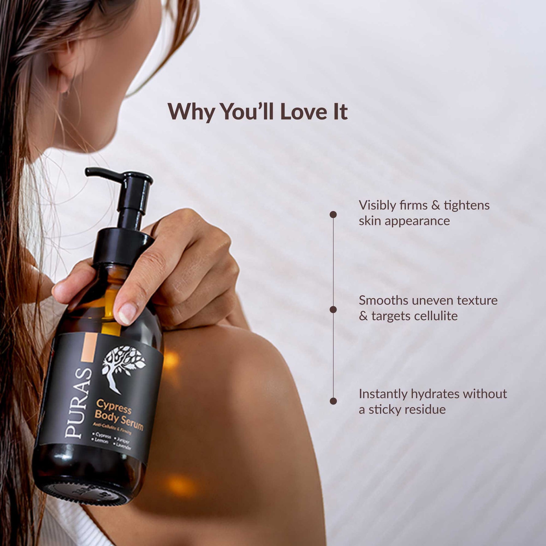 Person holding a bottle of Puras Cypress Body Serum with text highlighting its benefits on a light background