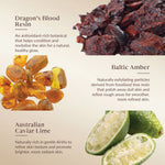 Ingredient guide showing Dragon’s Blood Resin to condition and revitalise skin, Baltic Amber to exfoliate and smooth rough areas, and Australian Caviar Lime with gentle AHAs to refine texture and brighten skin.