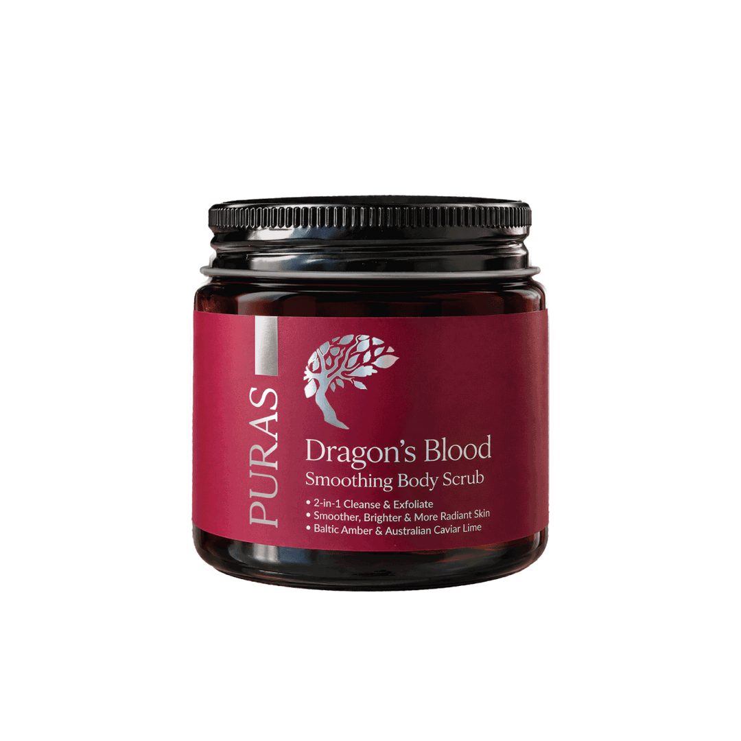 A bottle of Dragon's Blood Smoothing Body Scrub and a dark red label, shown on a plain white background.