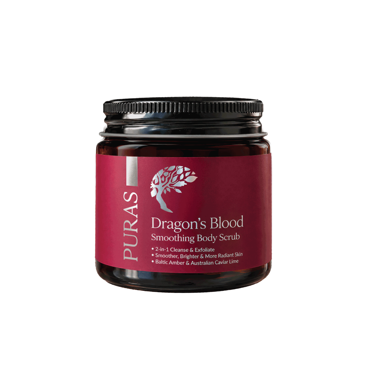 A bottle of Dragon's Blood Smoothing Body Scrub and a dark red label, shown on a plain white background.