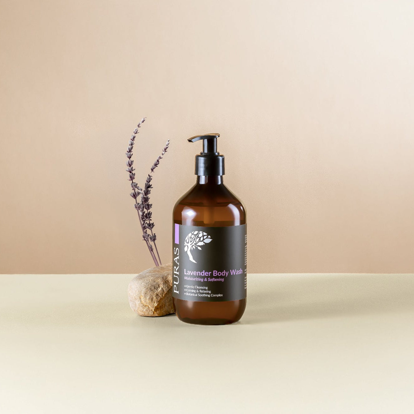 Puras lavender body wash on a beige surface with a minimal background