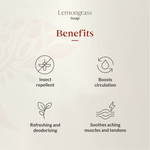 Lemongrass soap benefits listed with corresponding icons on a beige background