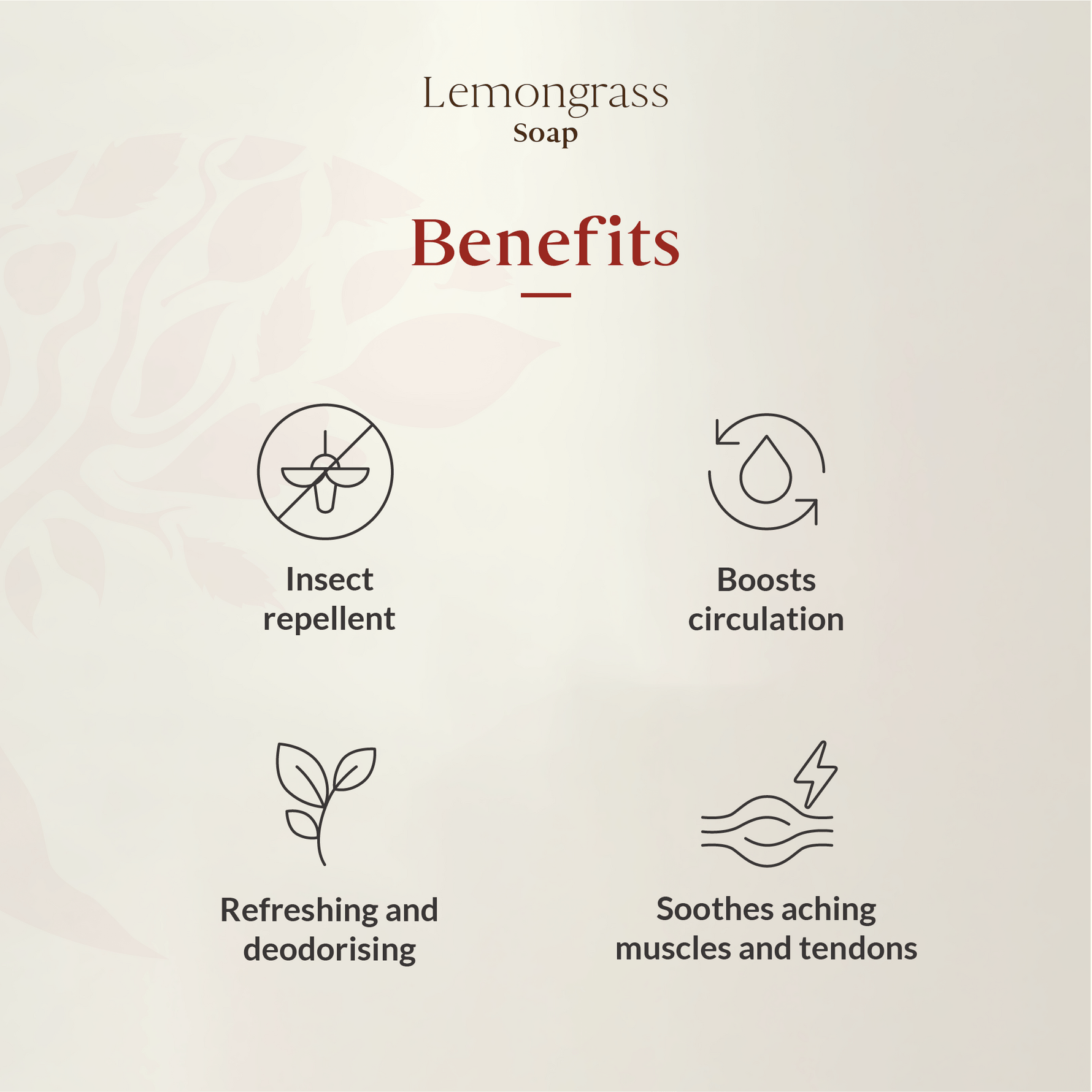 Lemongrass soap benefits listed with corresponding icons on a beige background