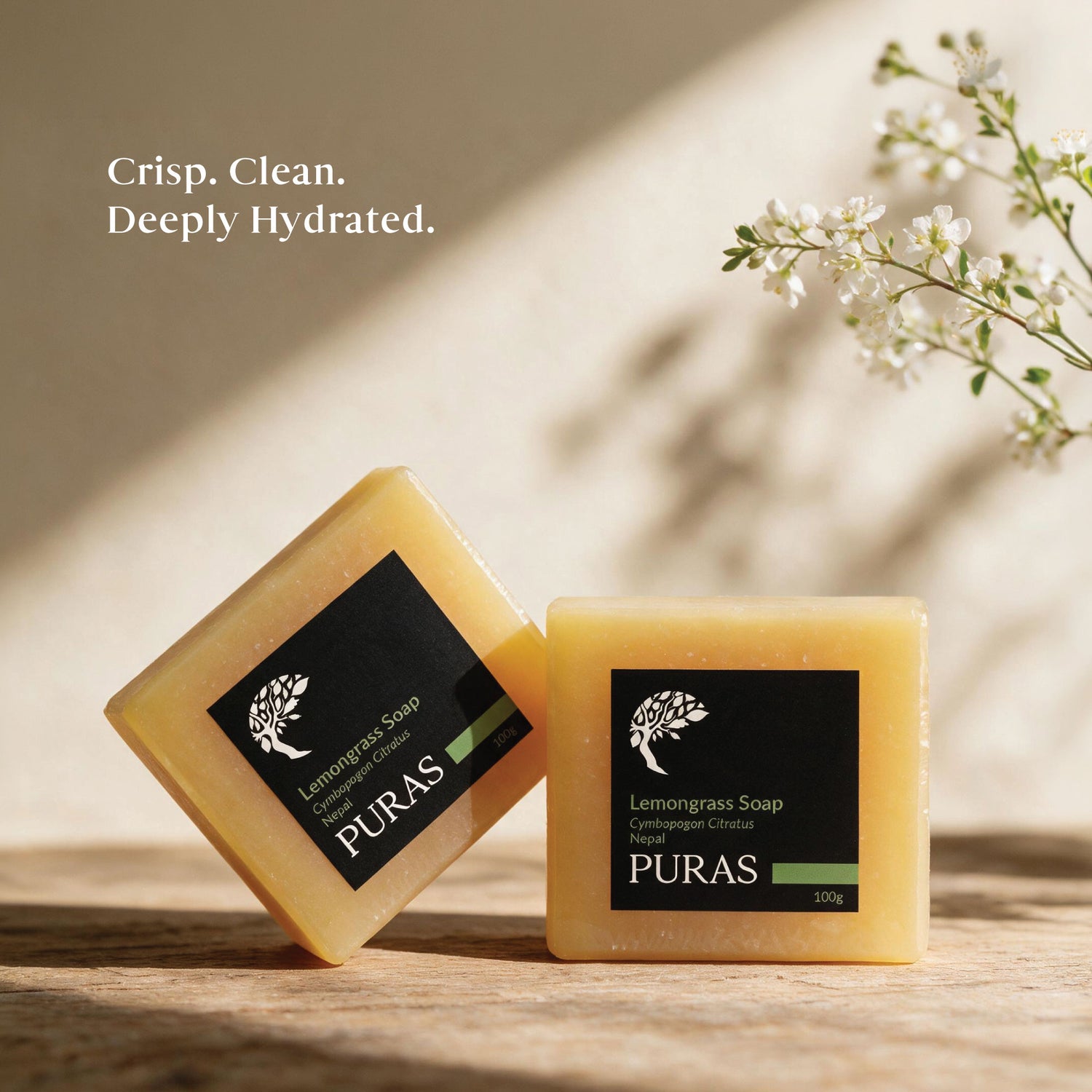 Two bars of PURAS Lemongrass Soap displayed on a wooden surface with a warm beige background and soft shadows. One bar is standing upright and the other is leaning on its side, both showing their black labels.