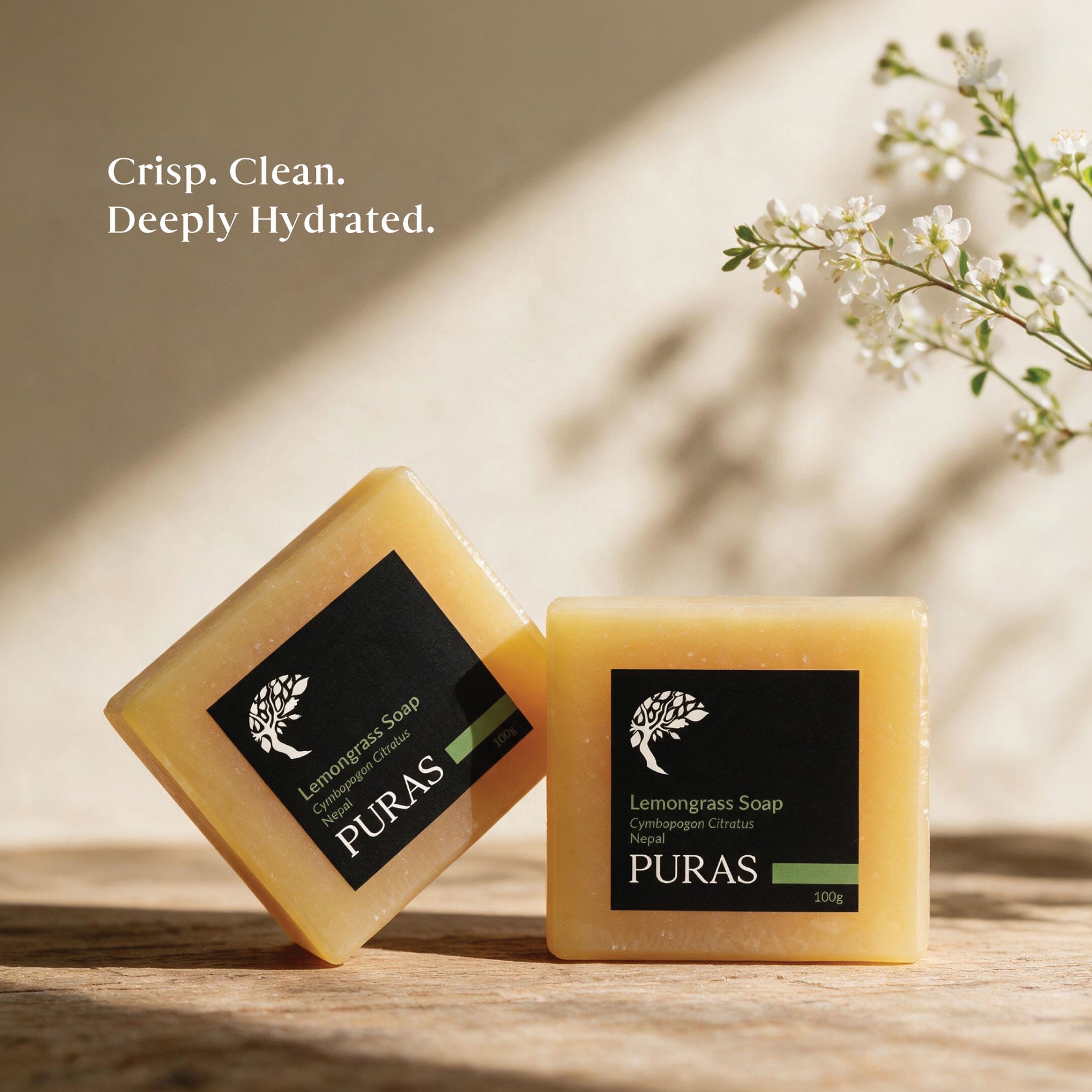 Two bars of PURAS Lemongrass Soap displayed on a wooden surface with a warm beige background and soft shadows. One bar is standing upright and the other is leaning on its side, both showing their black labels.