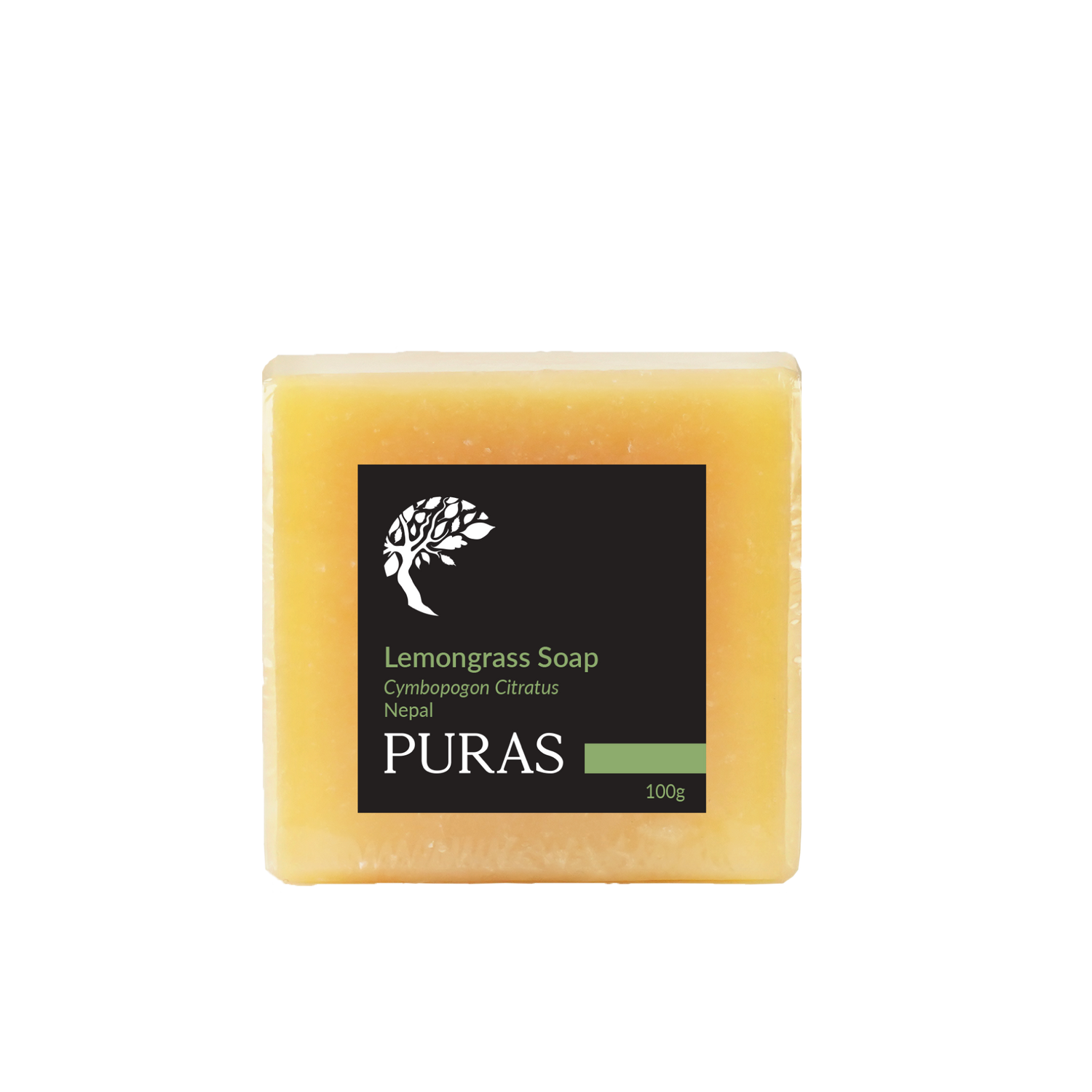 A rectangular bar of PURAS Lemongrass Soap with a black label, displayed on a clean white background.