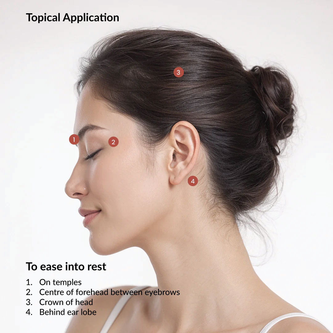Woman with hair tied back, showing hair product application points on a white background