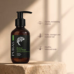 PURAS Revival Scalp Wash in an amber glass bottle with a black pump dispenser, displayed on a stone pedestal against a warm beige background with soft shadows. To the right, three key benefits are listed with simple icons: Gentle, revitalising cleanse; Fuller, stronger and resilient hair; Healthy, balanced scalp.