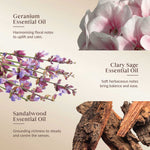 Promotional image of essential oils with flowers and wood, featuring Geranium, Clary Sage, and Sandalwood.