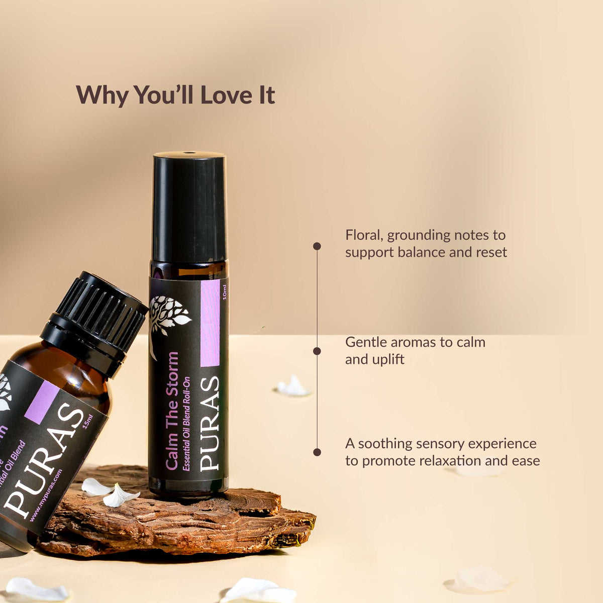 Two bottles of PURAS essential oil on a wooden surface with text about their benefits.