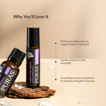 Two bottles of PURAS essential oil on a wooden surface with text about their benefits.