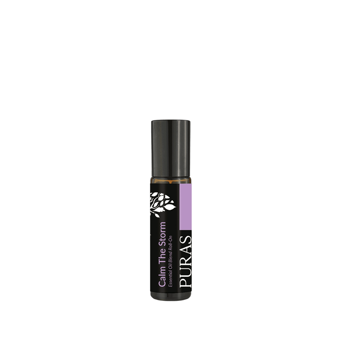 Roll-on bottle labeled 'Calm The Storm' by 'PURAS' on a transparent background