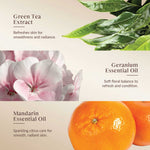 Promotional graphic featuring green tea extract, geranium essential oil, and mandarin essential oil with corresponding images and text.
