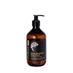 bottle of Citrus Geranium Body Wash with pump on a transparent background