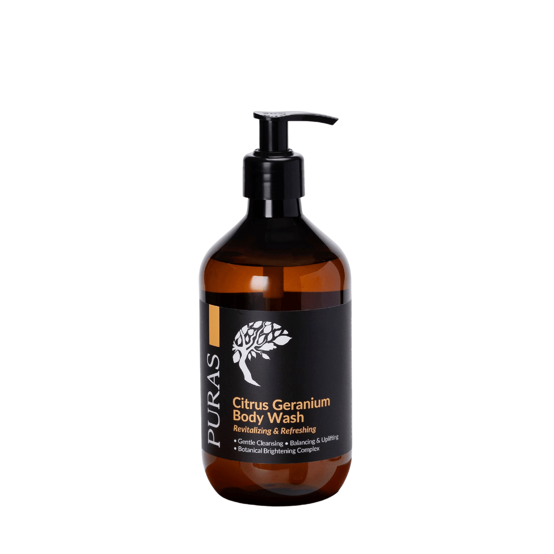 bottle of Citrus Geranium Body Wash with pump on a transparent background