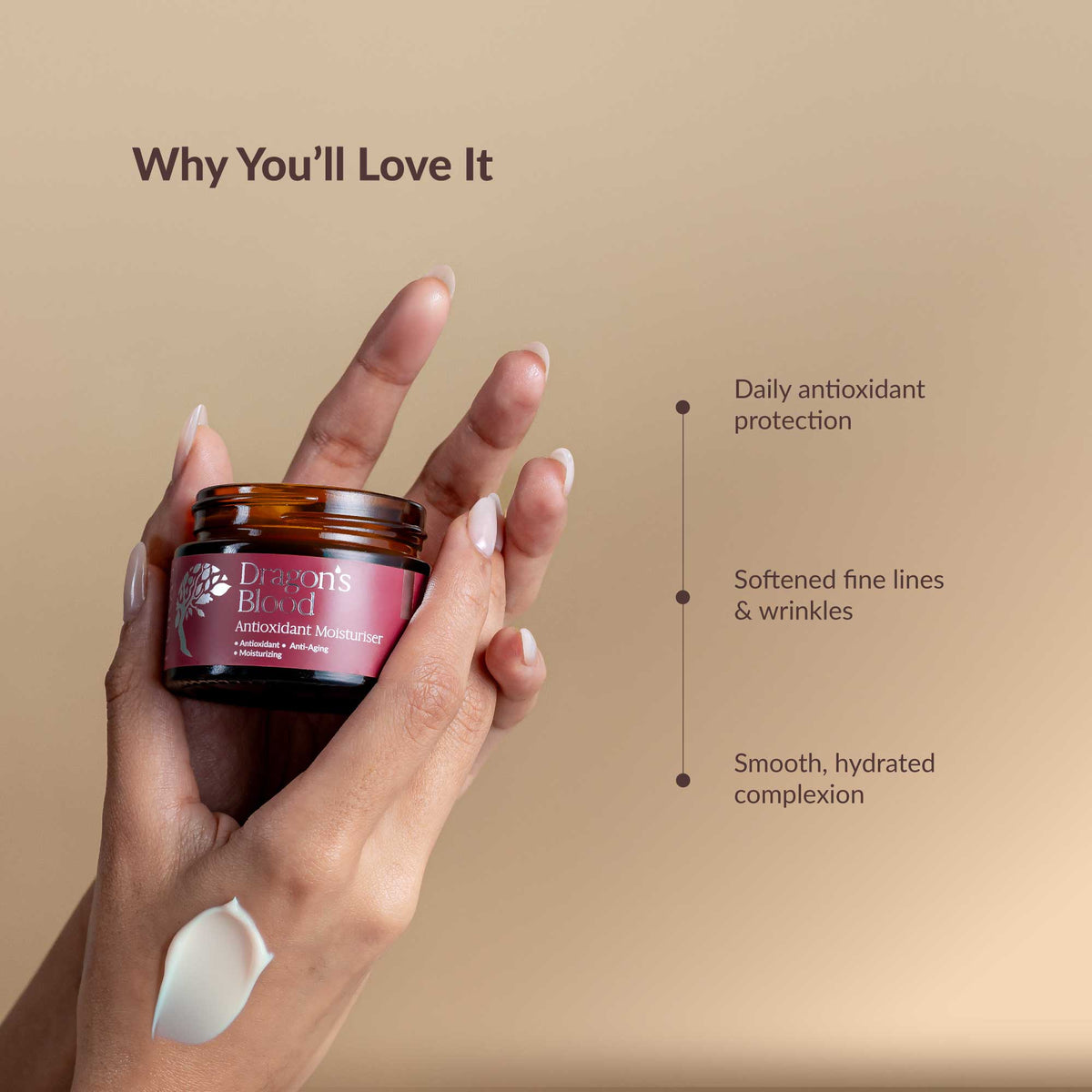 Jar of Dragon's Blood Antioxidant Moisturizer with cream on the hand