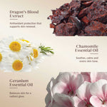 ingredients with text on antioxidant protection, skin renewal, soothing effects, and balancing skin for a radiant glow.
