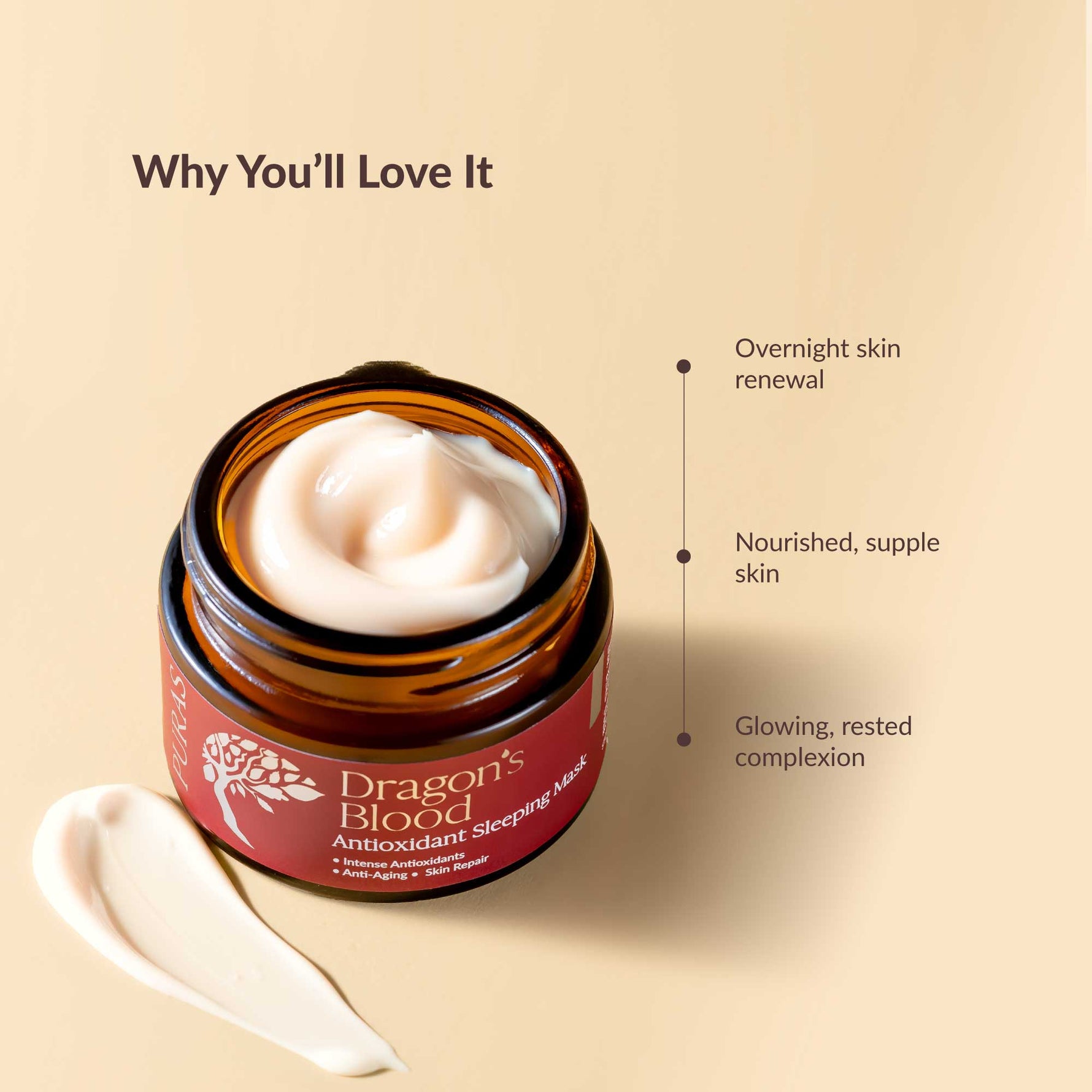 Jar of 'Dragon's Blood' antioxidant sleeping mask with cream outside on a beige background