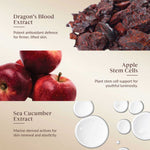 Product ingredients with dragon's blood extract, apple stem cells, and sea cucumber extract displayed.