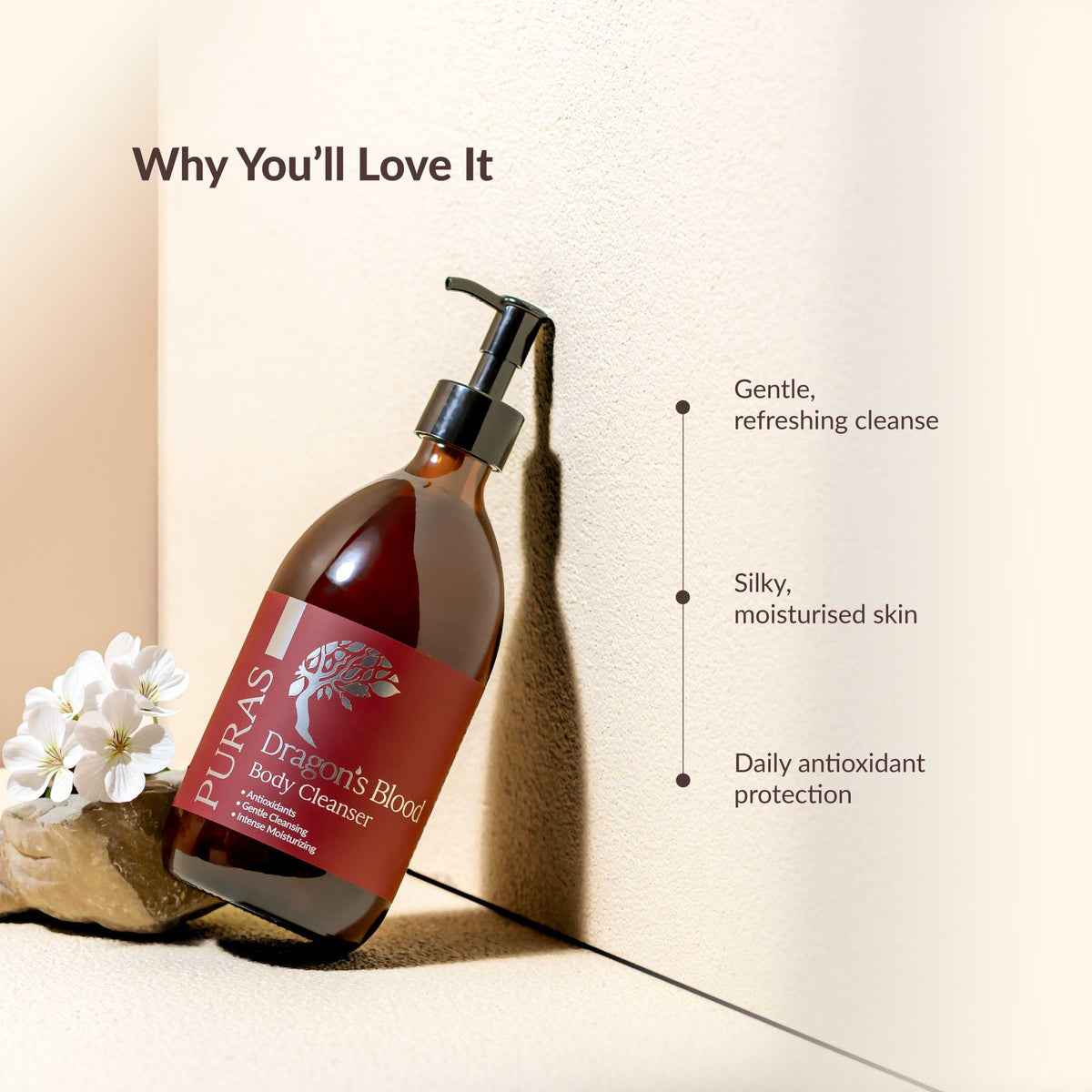 Puras Dragon's Blood body cleanser bottle with text on a neutral background