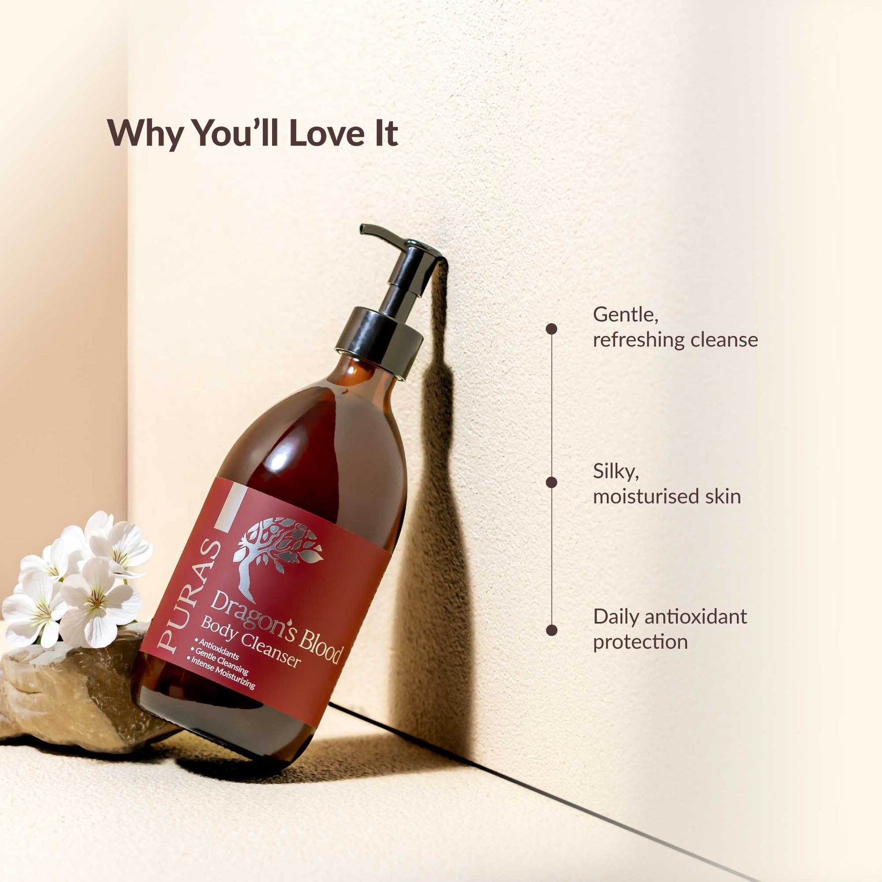 Puras Dragon's Blood body cleanser bottle with text on a neutral background