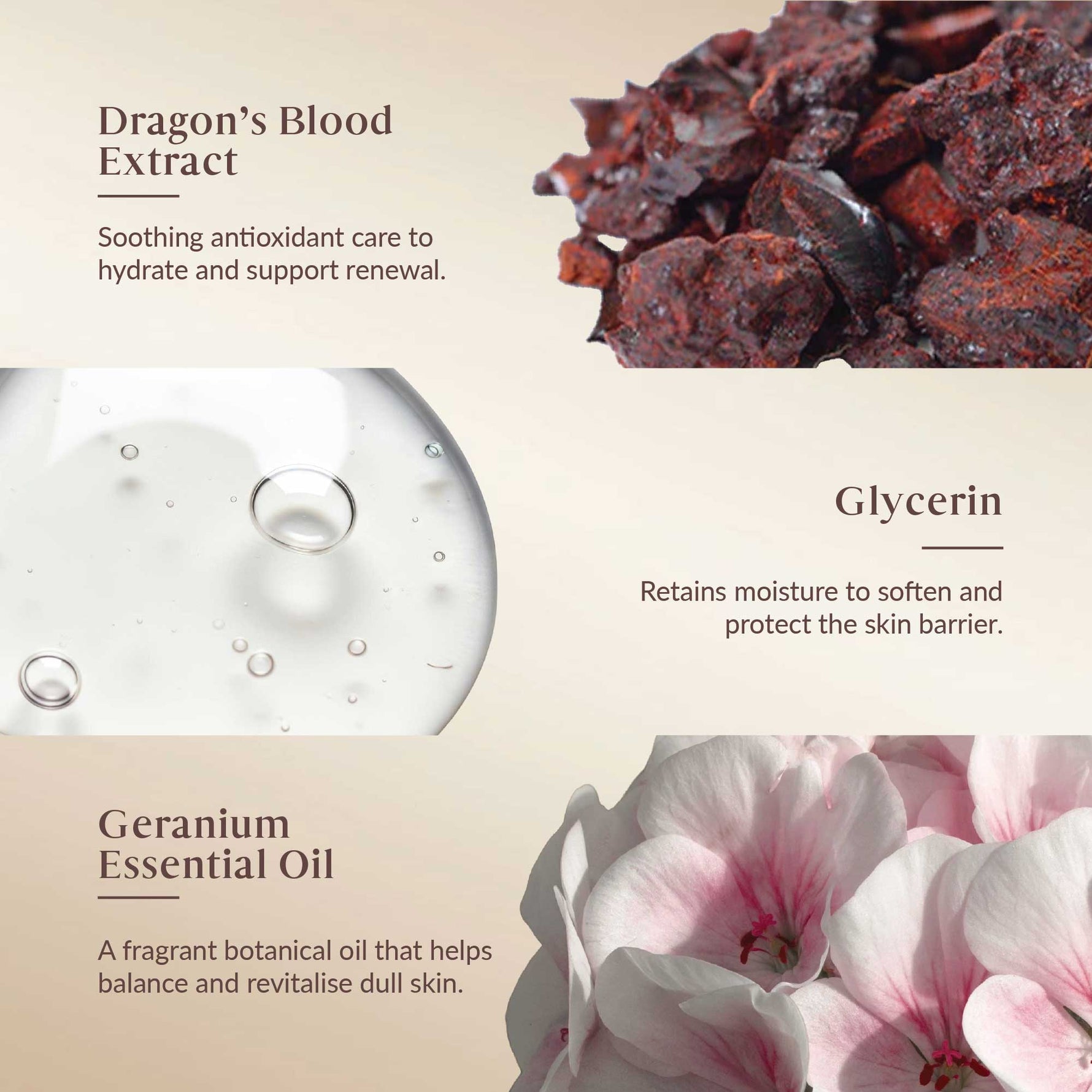 cleanser ingredients including Dragon's Blood Extract, Glycerin, and Geranium Essential Oil with corresponding images and text.