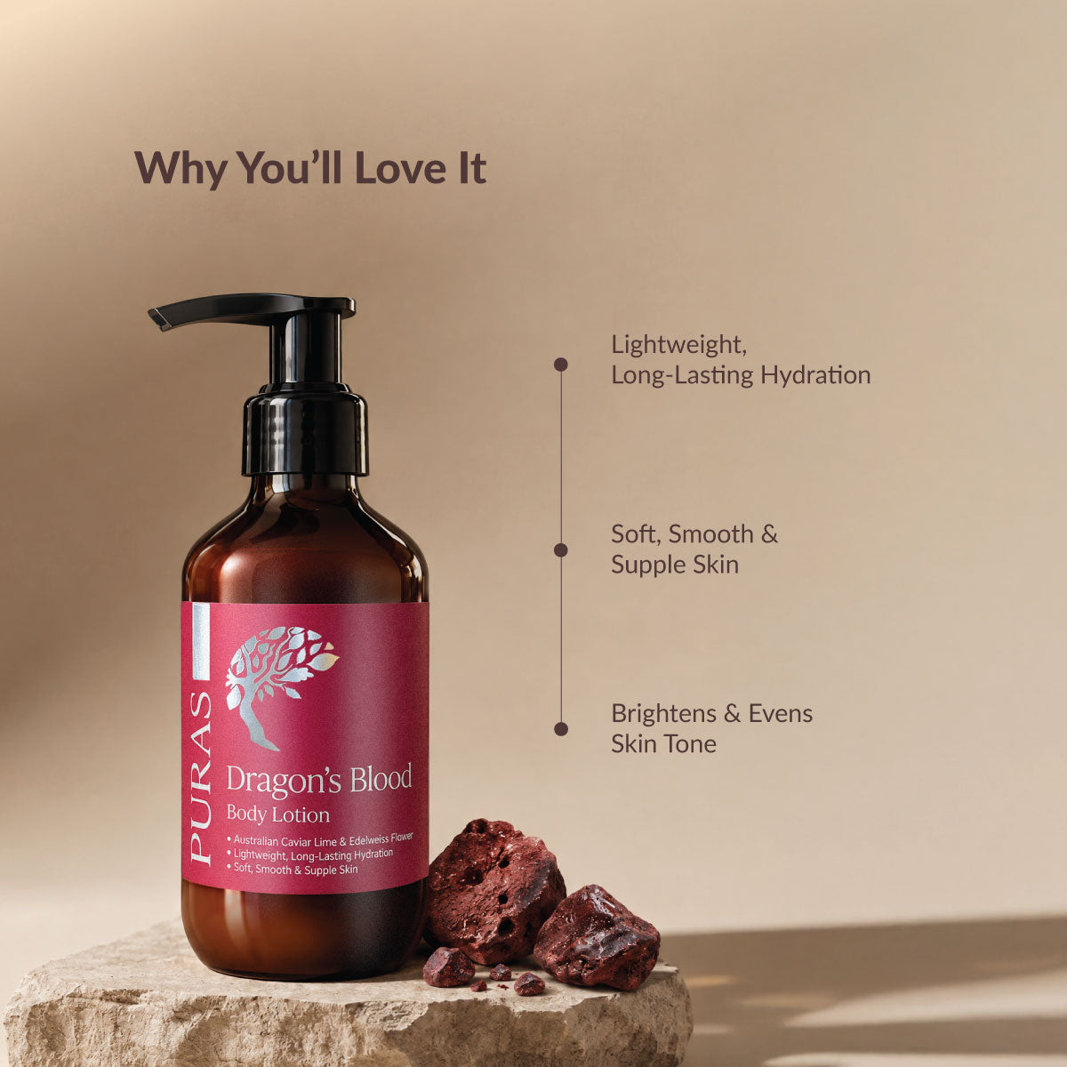 Puras Dragon's Blood Body Lotion in an amber pump bottle with a black dispenser, displayed on a stone slab with dark red crystals against a warm beige background with descriptive text.