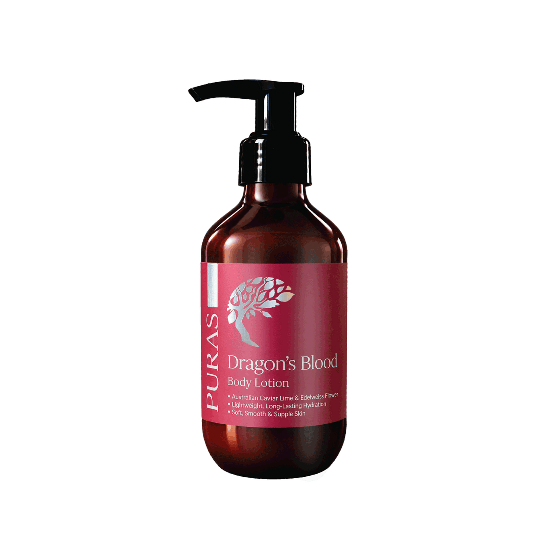 A bottle of Dragon's Blood Body Lotion with a black pump dispenser and a dark red label, shown on a plain white background.