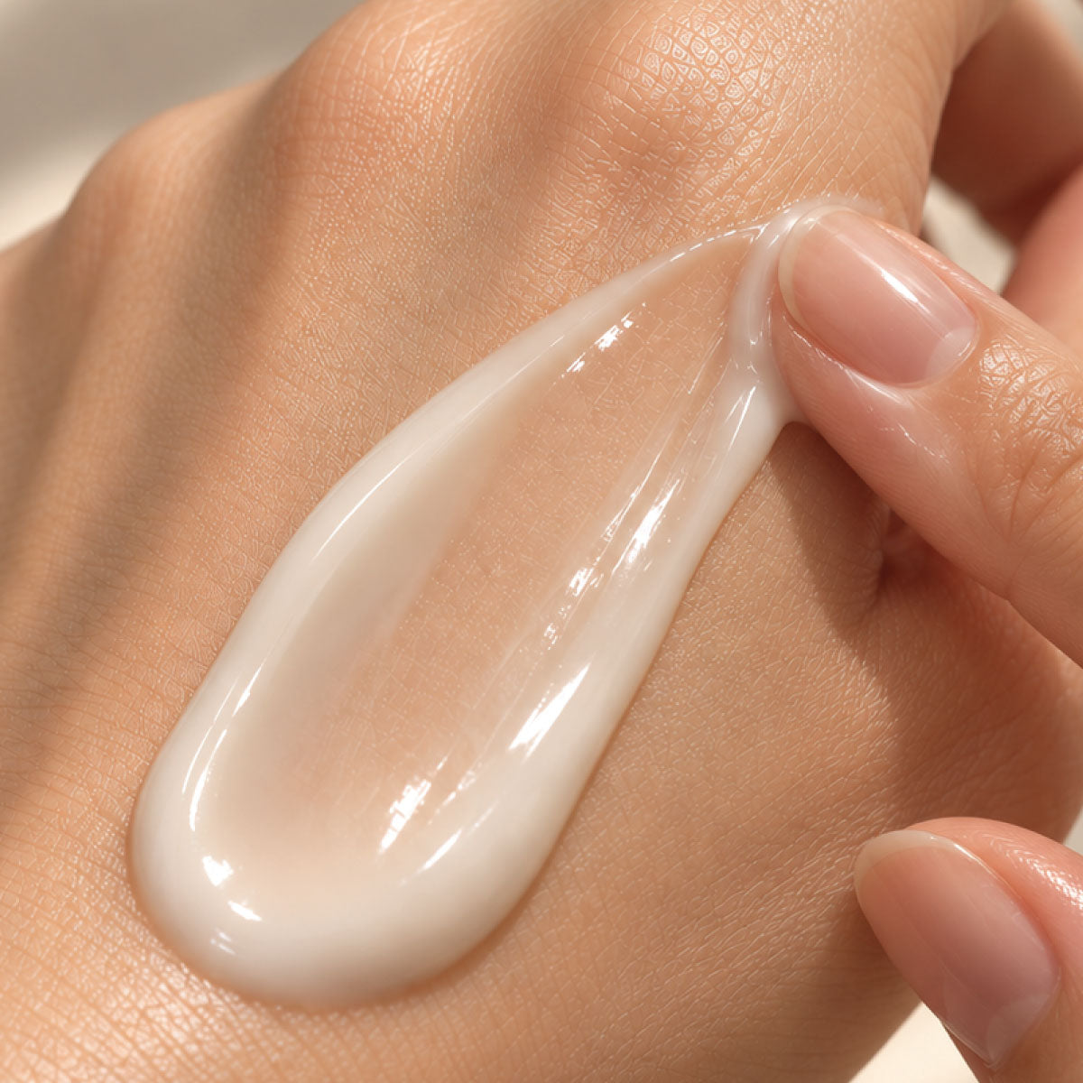 A close-up of a glossy, thick cream or lotion swirled on skin, with a finger gently touching the edge of the smear.