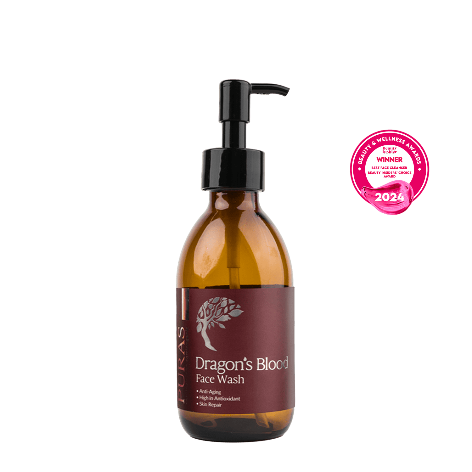 maroon bottle of Dragon's Blood Face Wash with a pump on a plain background