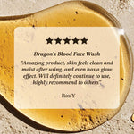 Dragon's Blood Face Wash with a five-star rating and review on a textured surface