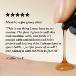 Product being applied to skin with a five-star rating and customer review text.