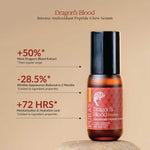 Dragon's Blood Intense Antioxidant Peptide Glow Serum bottle on a beige background with text highlighting benefits.
