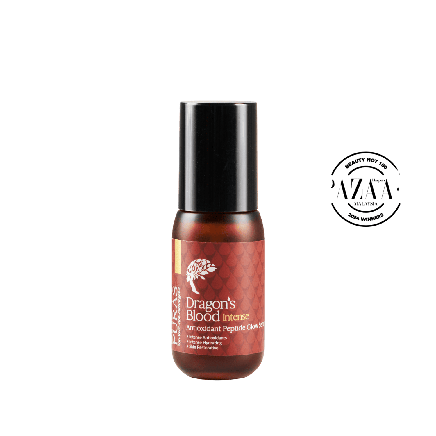Bottle of Puras 'Dragon's Blood Intense' peptide glow serum with a black cap on a plain background