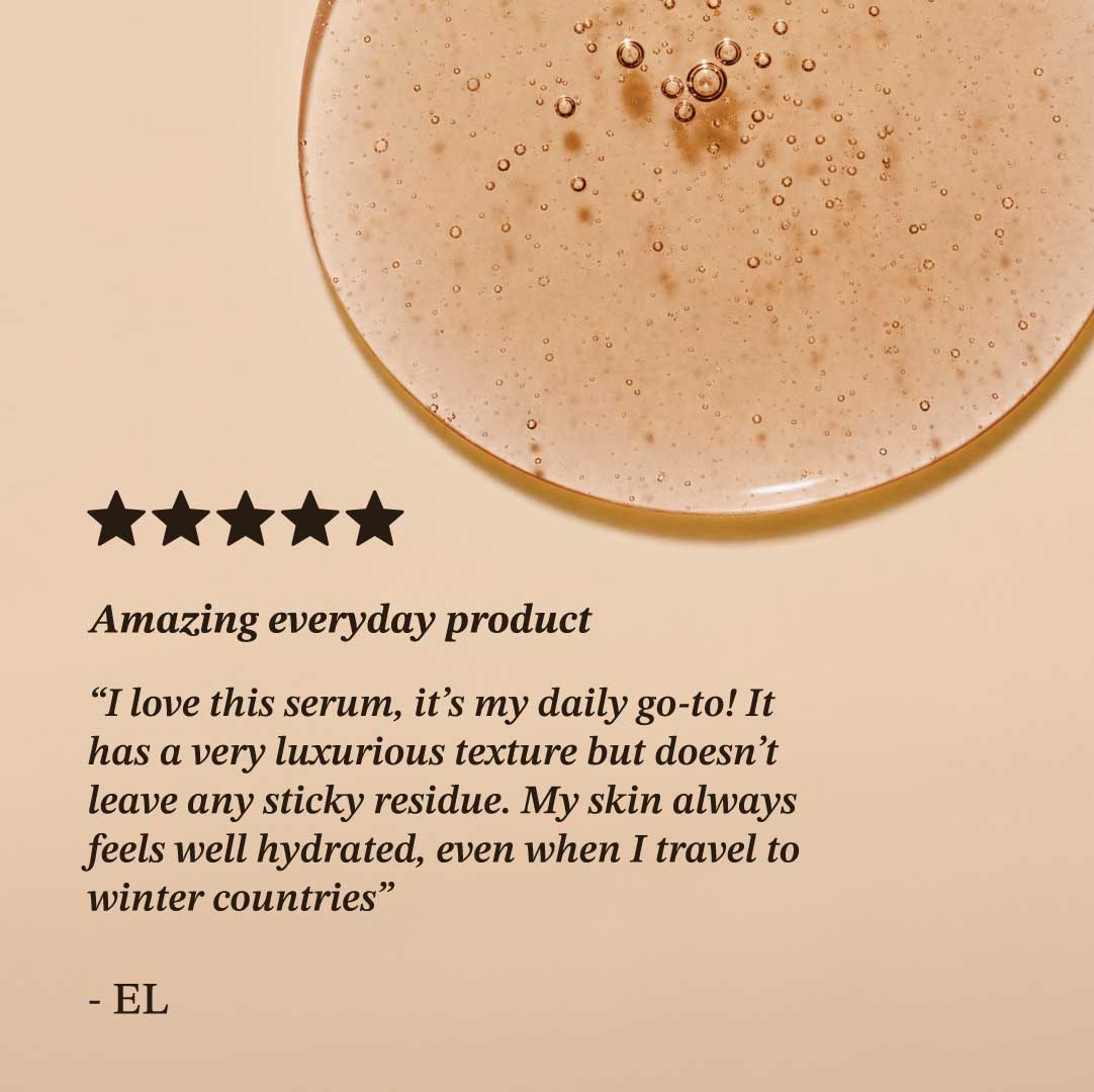 Dragon's Blood Glow Serum texture with bubbles on a beige background and customer review text.