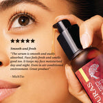 Person applying a PURAS Dragon's Blood Intense Peptide Glow serum with a five-star review text overlay.