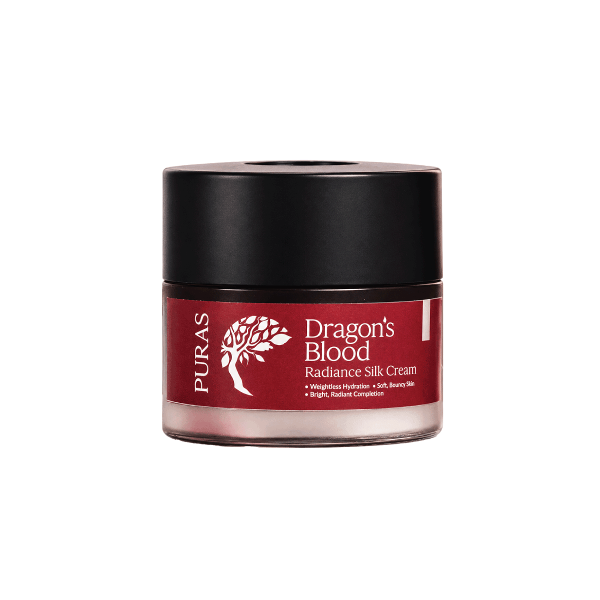 Puras Dragon's Blood Radiance Silk Cream in a clear jar showing the deep red cream inside, with a black lid and a dark red label featuring a white tree logo.