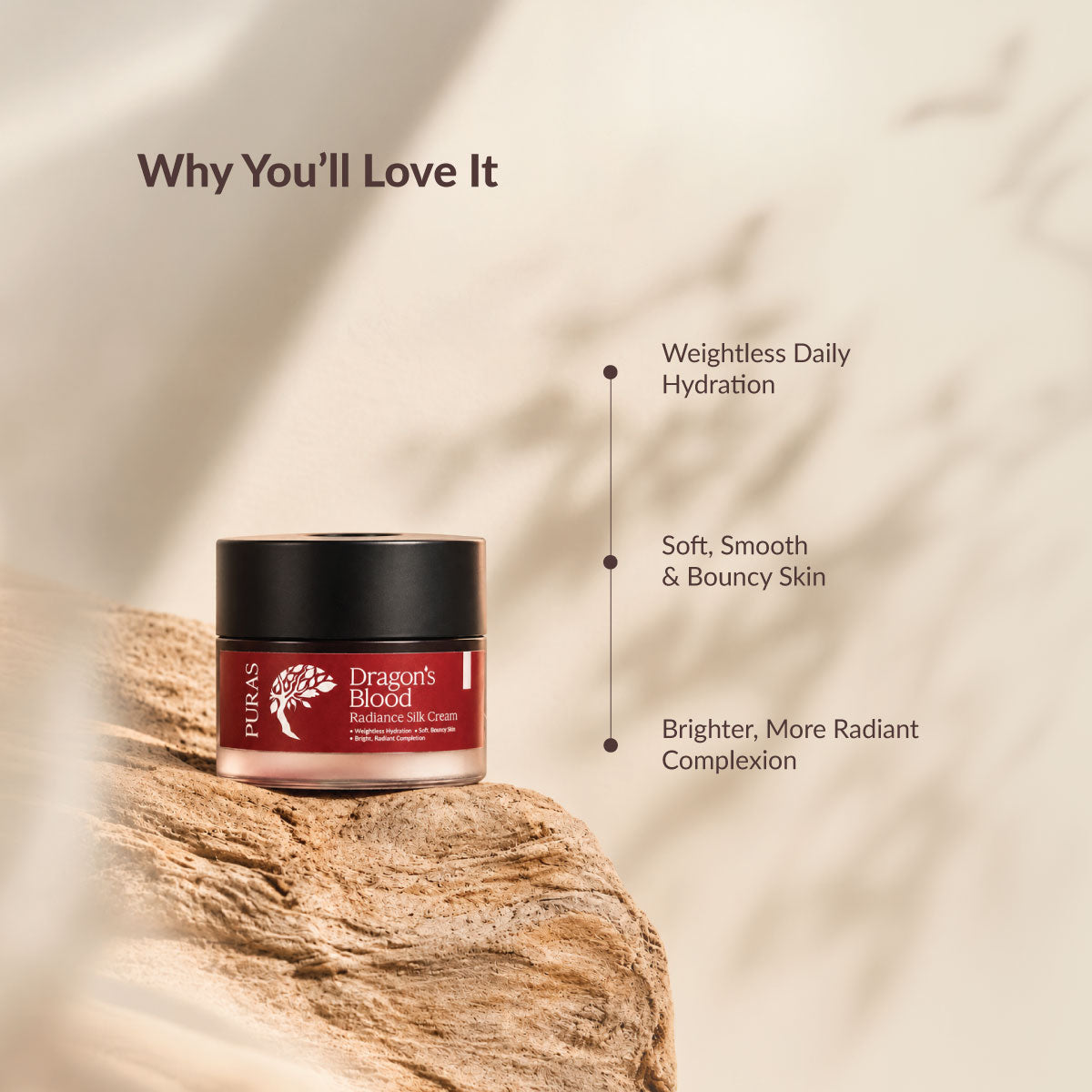 PURAS Dragon’s Blood Radiance Silk Cream highlighting weightless hydration, bouncy skin and a brighter complexion.