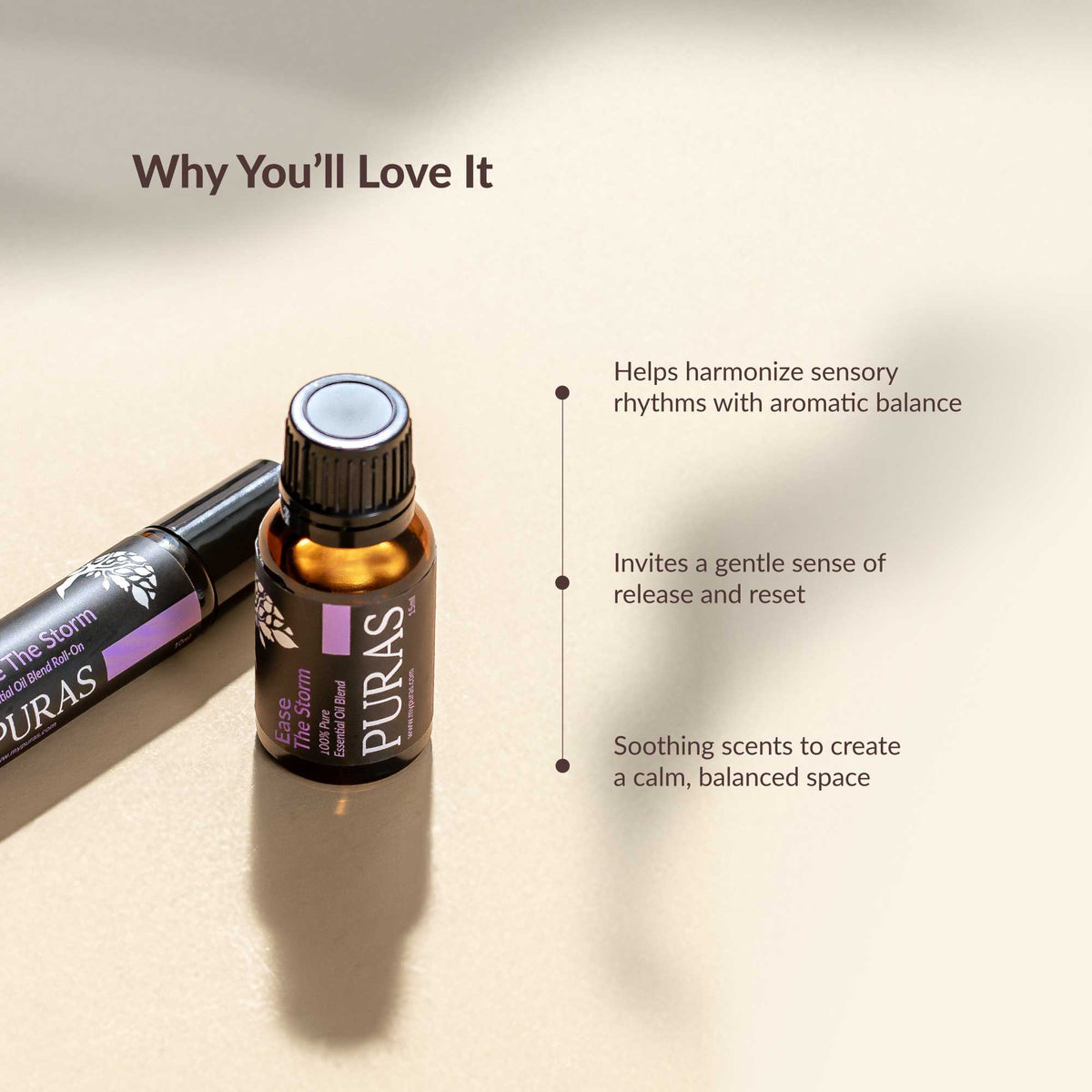 Two bottles of PURAS essential oils on a beige background with text about their benefits.