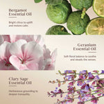 Promotional graphic for Bergamot, Geranium, and Clary Sage essential oils with corresponding images and descriptions.