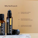 Two essential oil bottles with text on a beige background