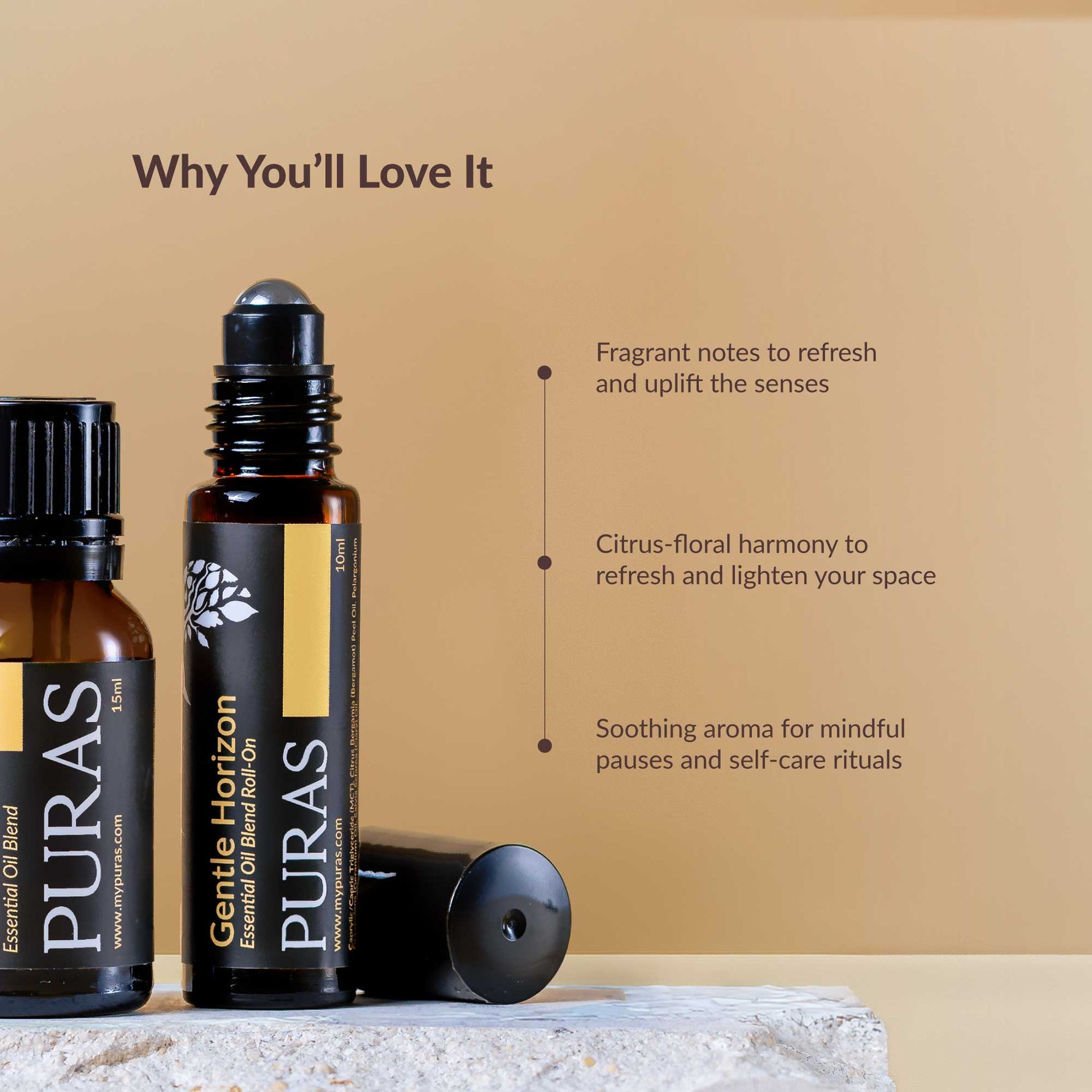 Two essential oil bottles with text on a beige background