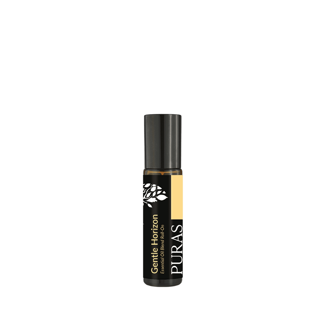 Roll-on bottle with 'Gentle Horizon' and 'Puras' branding on a transparent background