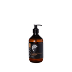 Brown bottle of Puras Geranium & Patchouli Hand Wash on a transparent background