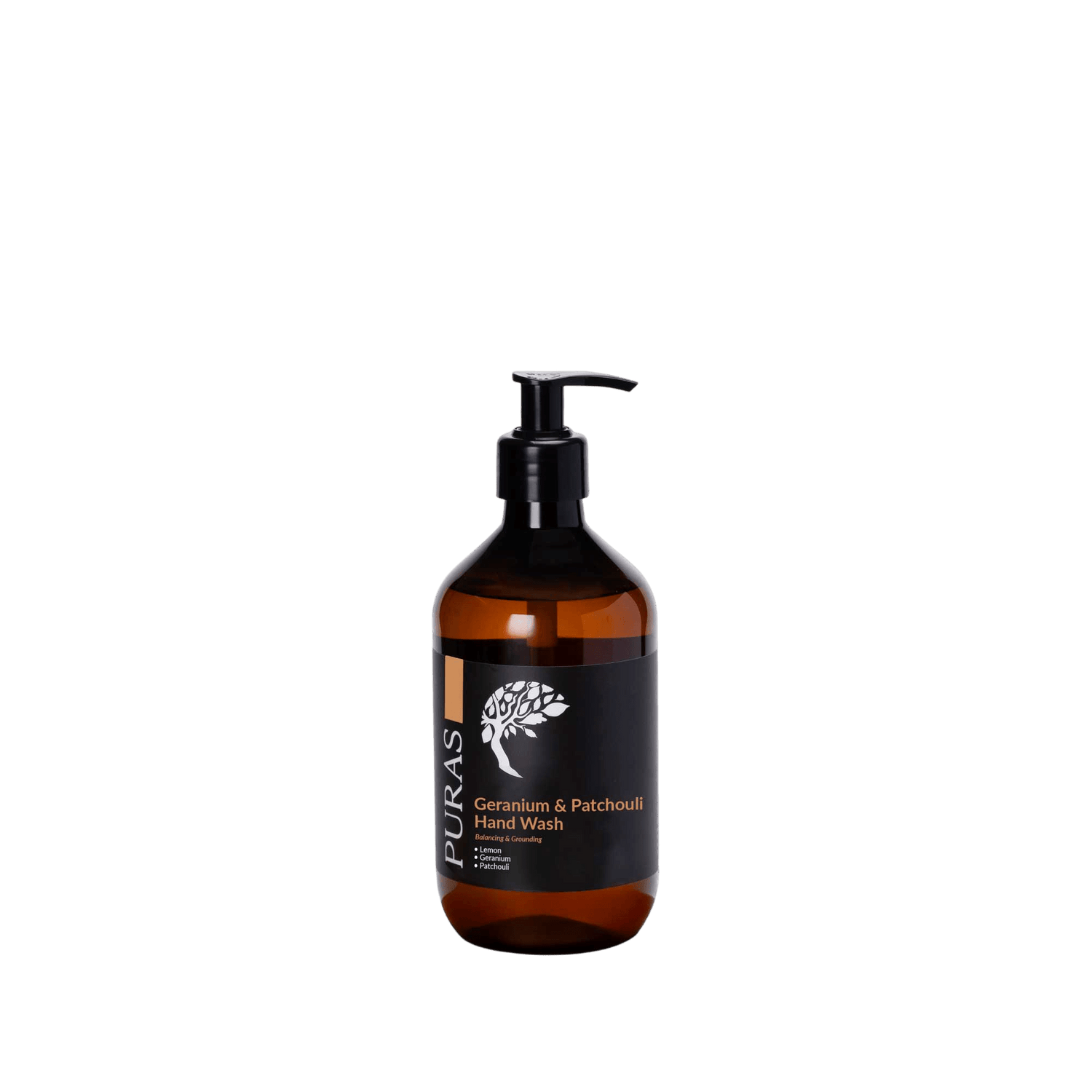 Brown bottle of Puras Geranium & Patchouli Hand Wash on a transparent background