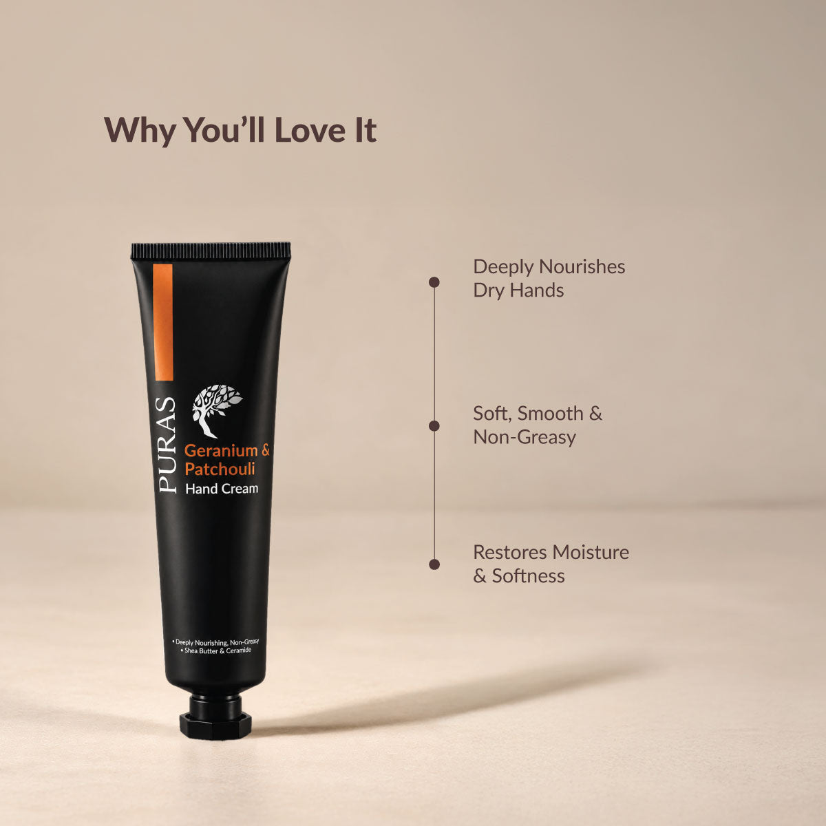 PURAS Geranium & Patchouli Hand Cream highlighting nourishing, non-greasy and moisture-restoring benefits.