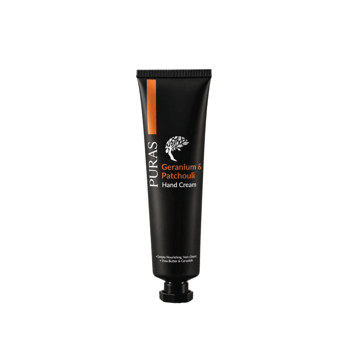 PURAS Geranium & Patchouli Hand Cream in a black tube with orange accents.