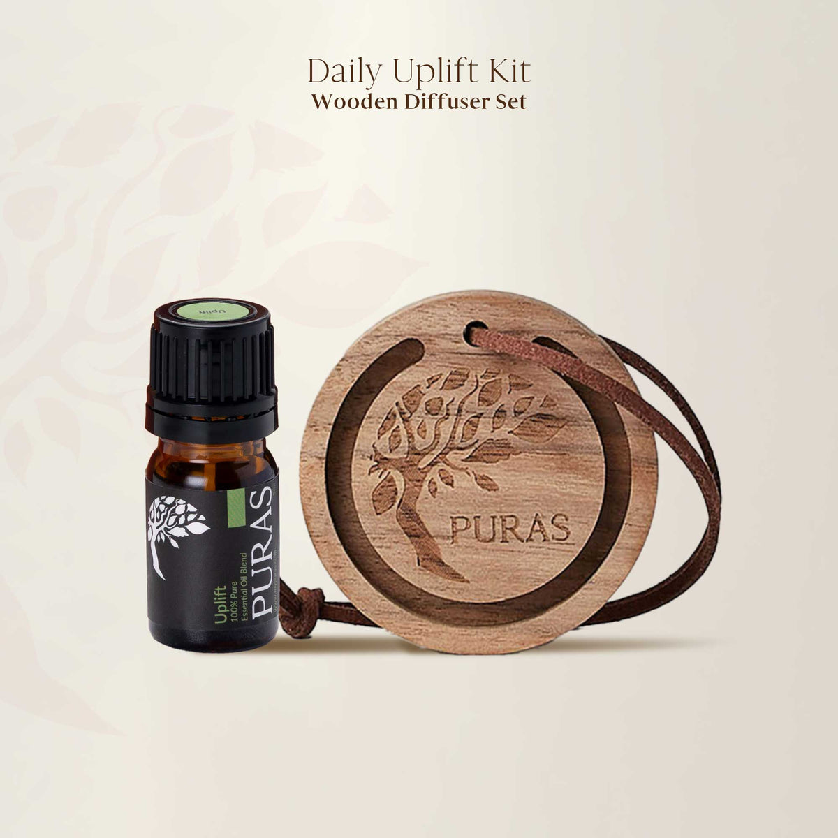 Wooden diffuser set with Puras essential oil bottle on a beige background