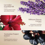 Promotional graphic featuring lavender, hibiscus, and Tasmanian pepper with text on their benefits.